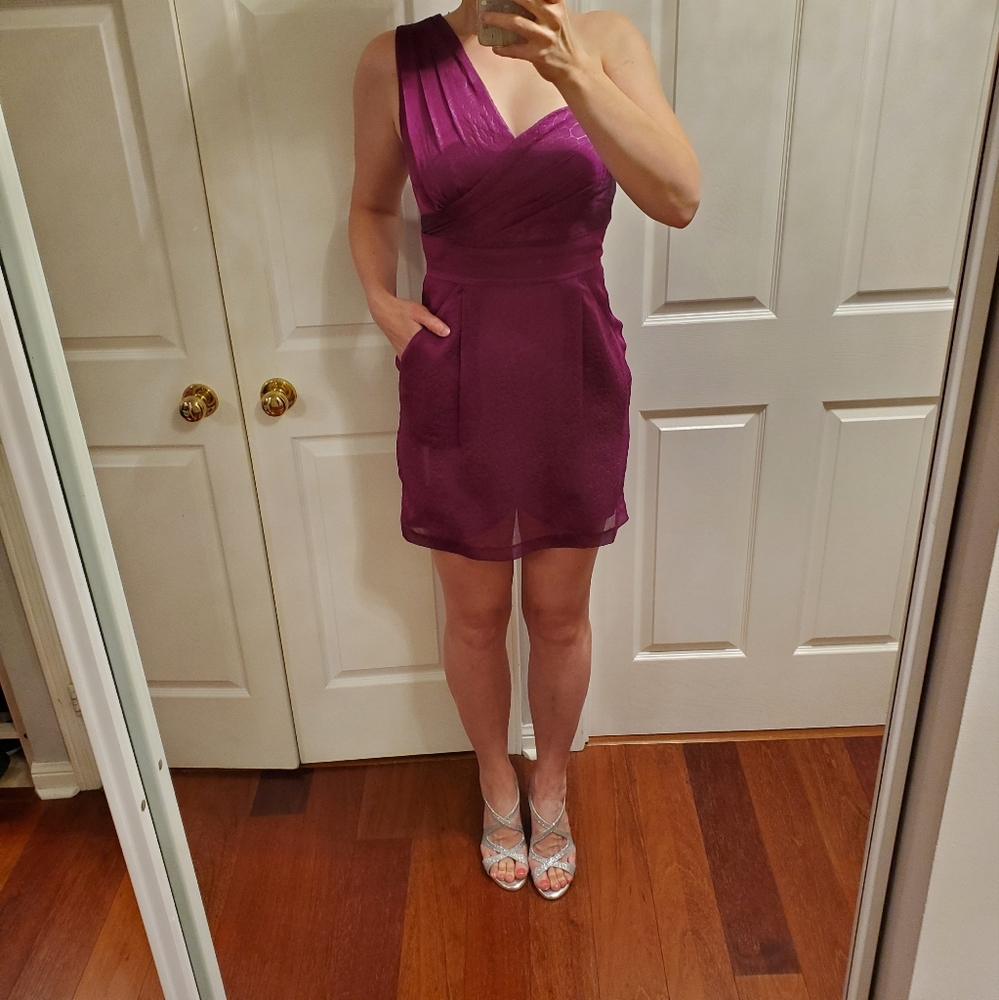 BCBG Rich Raspberry One Shoulder Cocktail Dress with POCKETS!